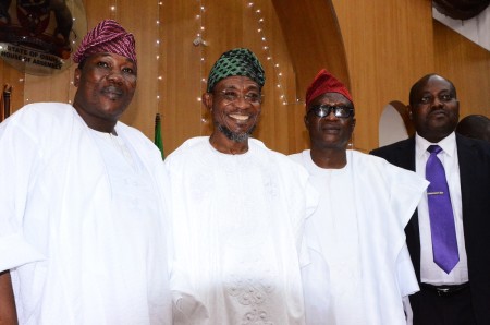 Governor State of Osun, Ogbeni Rauf Aregbesola (second left); Speaker, State of Osun House of Assembly, Hon. Najeem Salam(left), Former Osun Speakers, Hon. Wale Afolabi and Hon. Adejare Bello, during the 6th State of Osun House of Assembly Inauguration, at the State House of Assembly Complex on Tuesday 02/06/2015. 