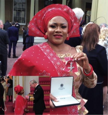 Yemisi Jenkins MBE admiring her medal after attending an Investiture at Buckingham Palace. Inset: Yemisi receiving the award from HRH Prince Charles.