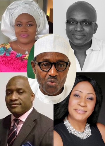 Clockwise from top left: Yemisi Jenkins MBE, Dele Ogun, Jenny Okafor, Babatunde Loye. Inset: Nigeria's President Muhammadu Buhari