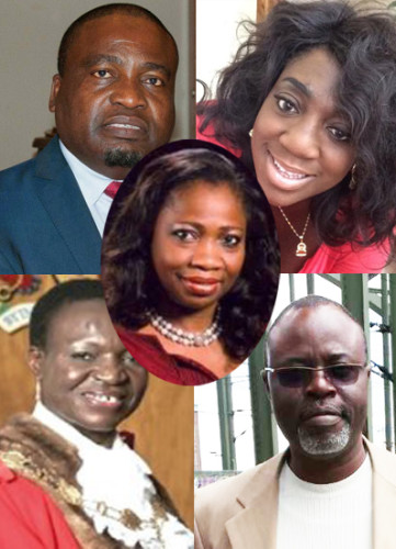 Clockwise from top left: Bimbo Roberts Folayan, Ronke Udofia, Otunba Obafemi Adenuga, Cllr. Kate Anolue. Inset: Hon. Abike Dabiri - Eruwa SSA Foriegn Affairs and Diaspora to Nigeria's President Muhammadu Buhari