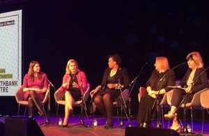 Justine Greening speaking at a political panel at the Southbank Centre's Women of the World Festival.
