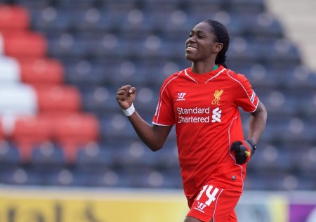 Nigerian striker Asisat Oshoala celebrates in Arsenal Ladies outfit