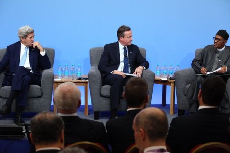 From L-R U.S. Secretary of State John Kerry, Britain’s Prime Minister David Cameron, and Nigeria’s President Muhammed Buhari at the Anti-Corruption Summit in London