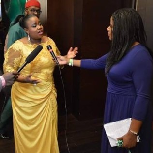 Nollywood actress Theodora Ibekwe Oyebade answering questions at a movie premiere