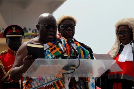 Ghana's President elect Nana Akufo-Addo takes the oath of office during the swearing-in ceremony lead by Ghana Chief Justice Georgina Theodora Wood at Independence Square in Accra, Ghana January 7, 2017. REUTERS/Luc Gnago